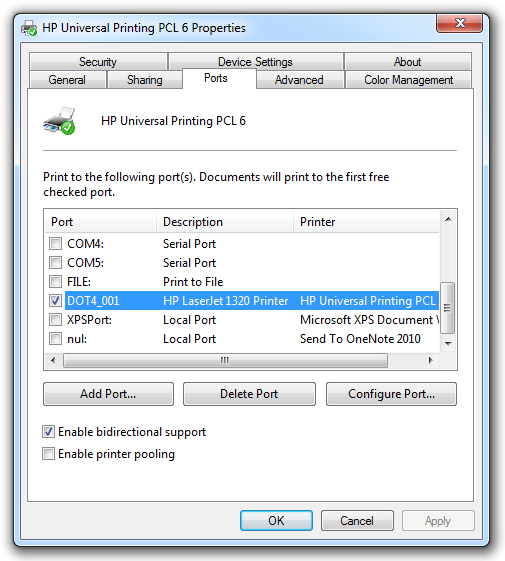 Then, I ran the HP Universal Printing PCL 6 installer, and went through the wizard. When asked for the port, I chose the "DOT4_001" port.