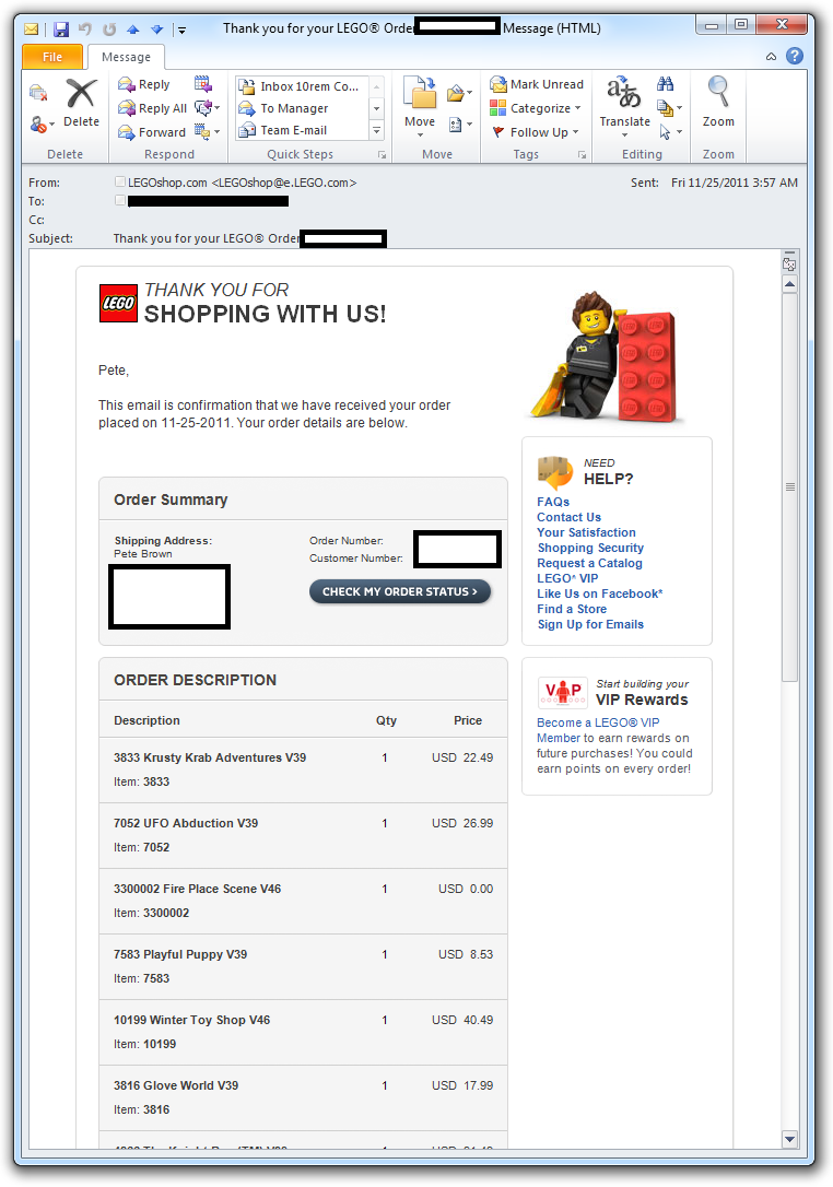 Lego order online number